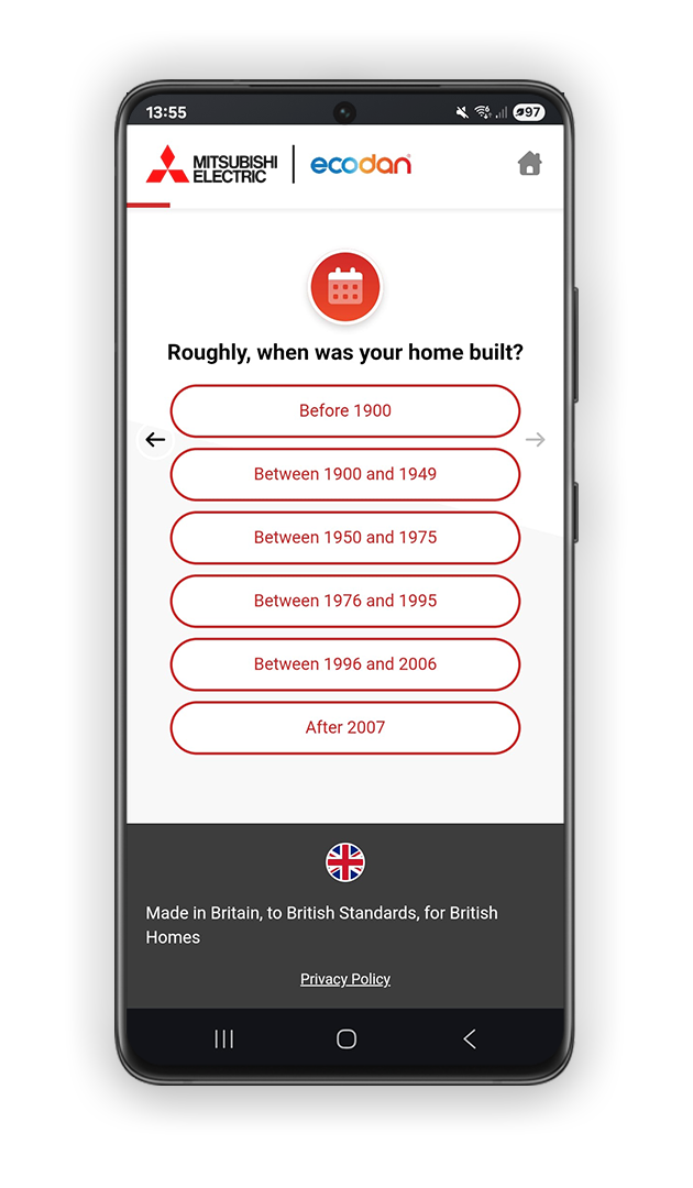 Find My Ecodan — property assessment screen